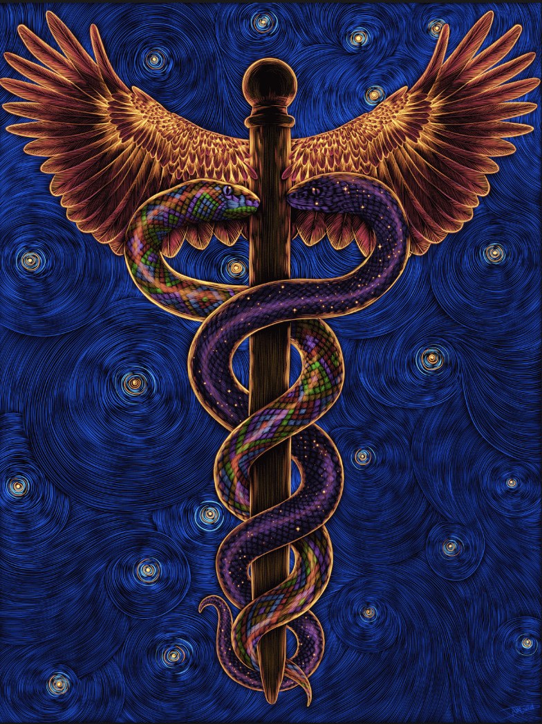 Winged caduceus artwork with intertwined serpents, commissioned original artwork